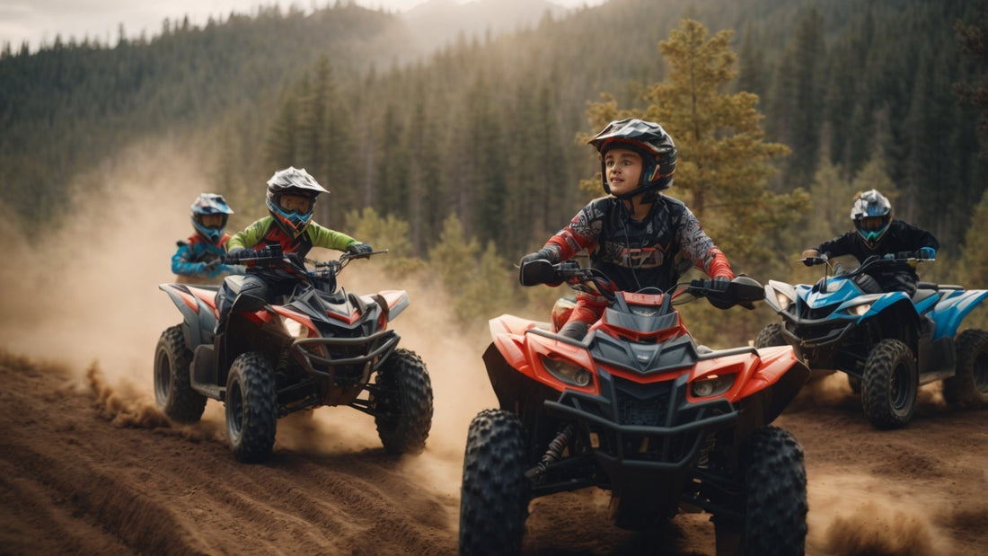 Kids riding ATVs and dirt bikes on a dirt trail in a forest, wearing helmets for safety