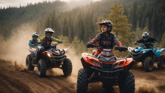 Kids riding ATVs and dirt bikes on a dirt trail in a forest, wearing helmets for safety