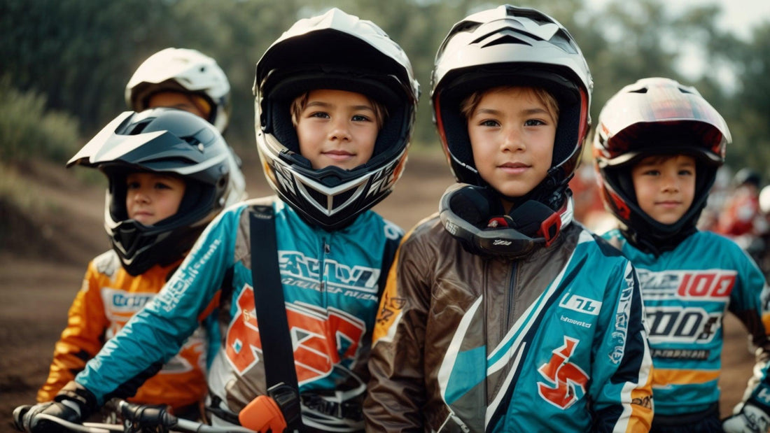 Kids wearing motocross helmets and dirt bike gear on an outdoor dirt track