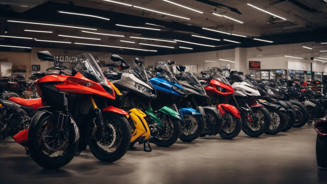 Showroom with a row of sport motorcycles in various colors, modern dealership setting