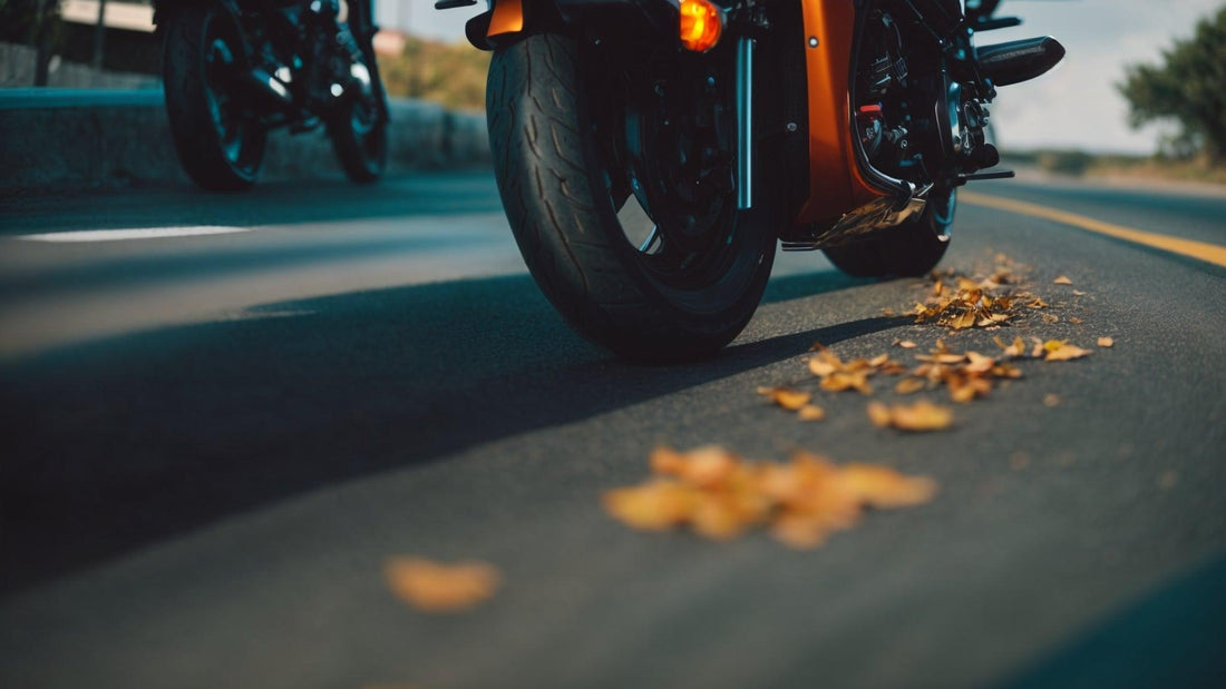 Motorcycle riding on open road with autumn leaves scattered on pavement