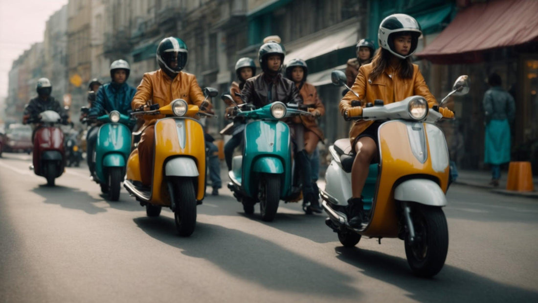 Group of young people riding colorful motor scooters on a city street, wearing helmets
