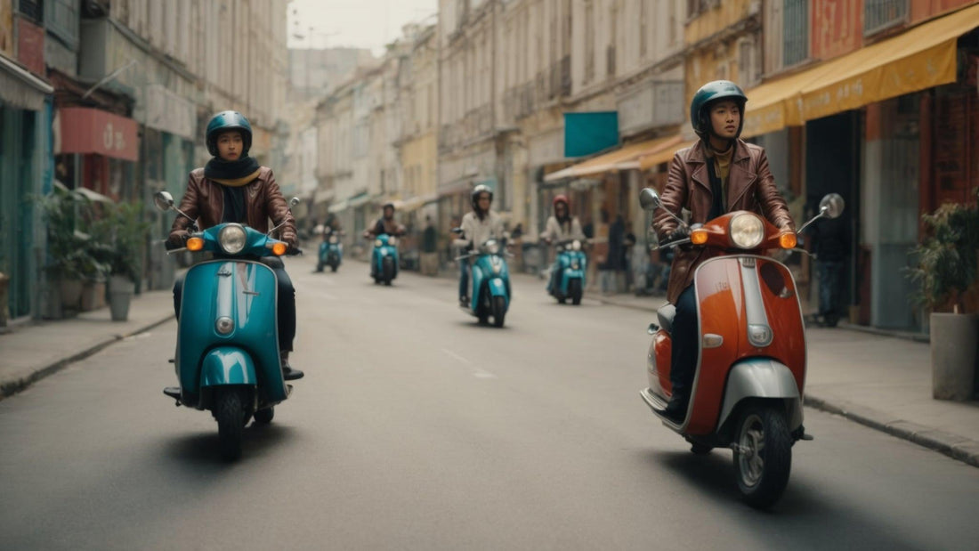 Group of people riding 50cc scooters on city street, wearing helmets and jackets