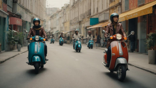 Group of people riding 50cc scooters on city street, wearing helmets and jackets