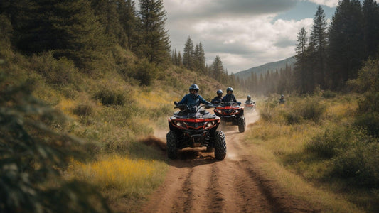 Group riding ATVs on dirt trail through scenic forest and mountains