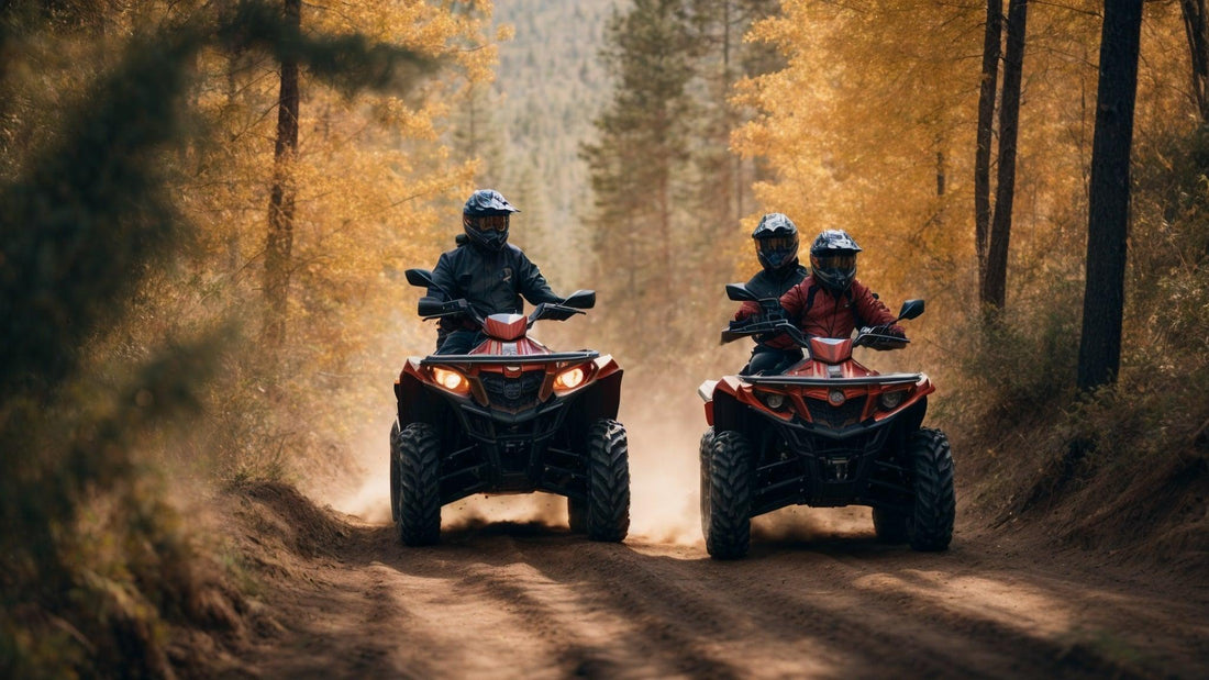 People riding red ATVs on a dirt trail through a forest with autumn foliage