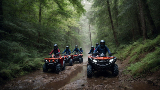Group riding ATVs on a muddy forest trail, featuring rugged off-road vehicles and helmets