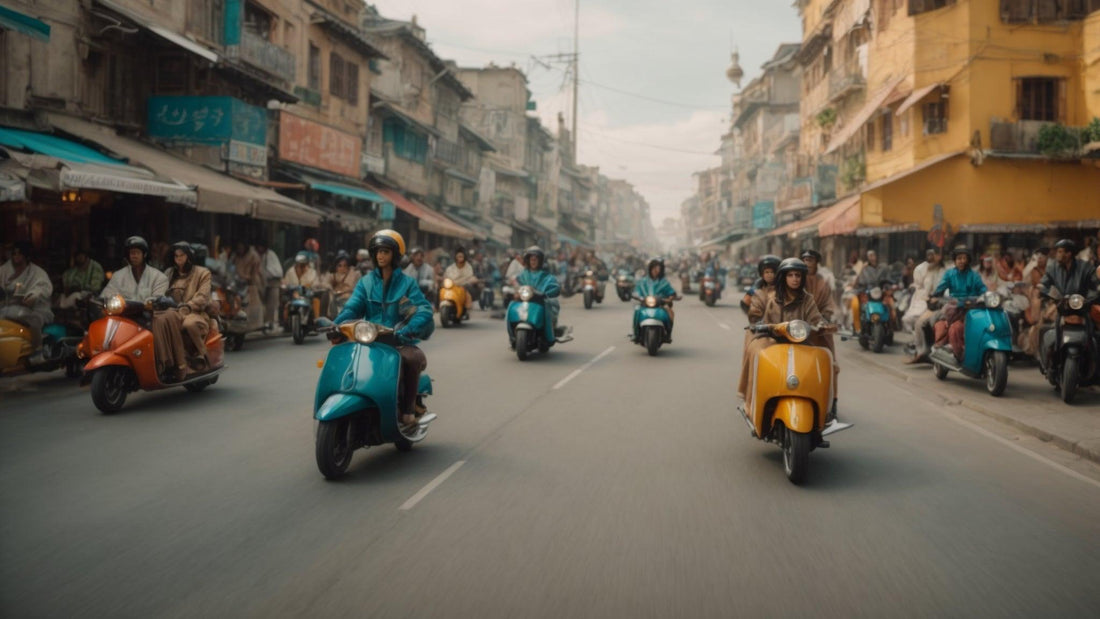 Group of people riding colorful mopeds and scooters on a busy city street