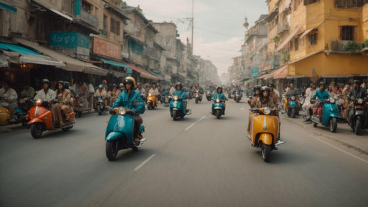 Group of people riding colorful mopeds and scooters on a busy city street