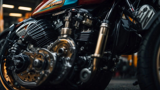 Close-up of motorcycle engine with chrome and gold details, highlighting engine components
