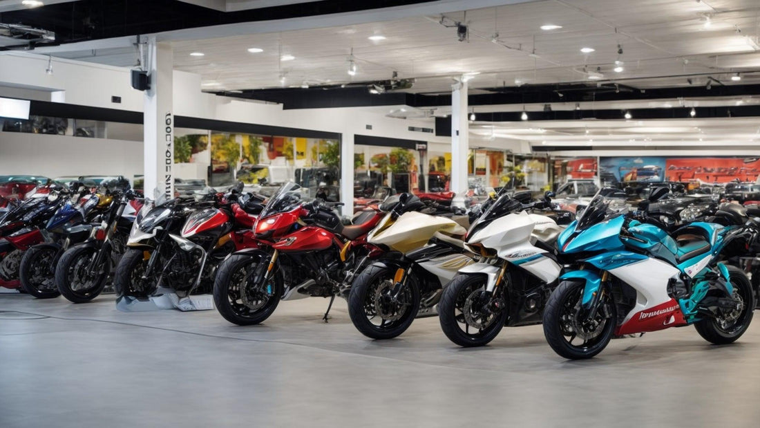 Row of colorful sport motorcycles on display inside a modern showroom