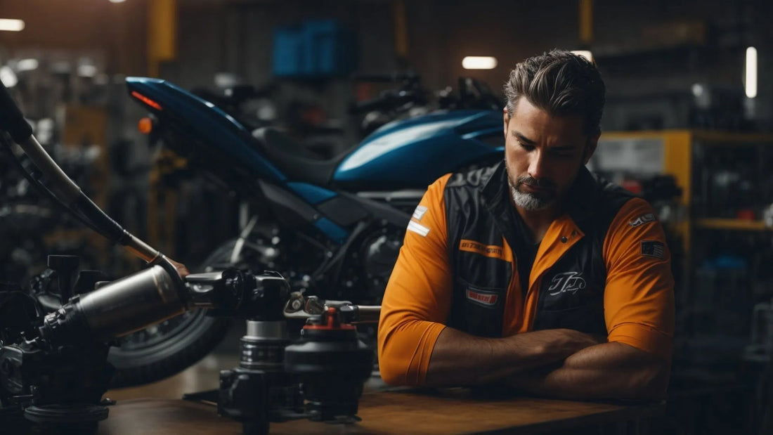 Powersports mechanic in orange uniform resting in workshop with motorcycle parts and bike