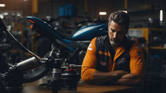 Powersports mechanic in orange uniform resting in workshop with motorcycle parts and bike