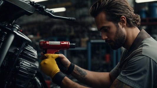 Mechanic using grease gun on ATV engine in workshop, powersports maintenance