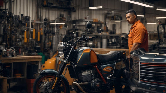 PowerSports technician in orange shirt servicing motorcycle in repair shop