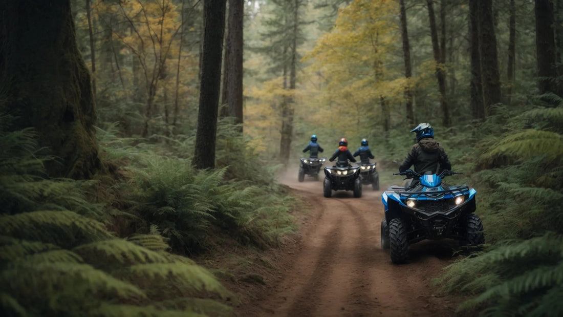 Group riding ATVs on a dirt trail through a wooded forest, adventure off-road vehicles
