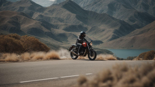 Rider on a red motorcycle cruising on a scenic road with mountains and lake in background
