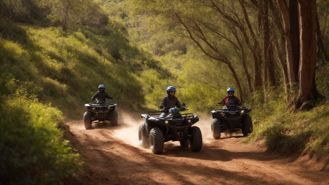 Three riders on ATVs driving on a scenic dirt trail through a forested area