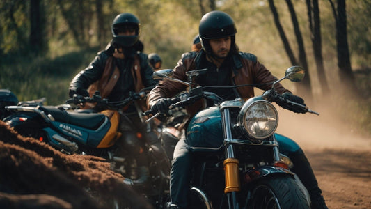 Group of riders on motorcycles wearing helmets and leather jackets in a forest trail