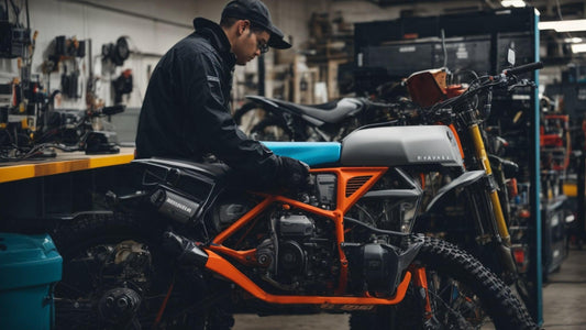 Technician repairing dirt bike in a motorcycle service center workshop
