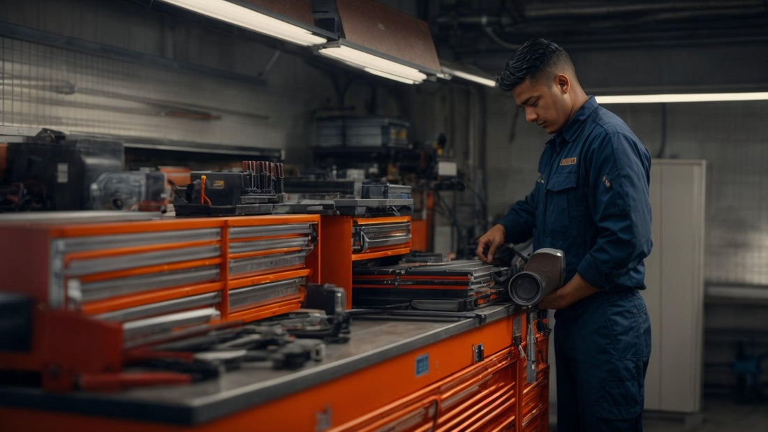 Service technician in blue uniform working at orange tool chest in a workshop