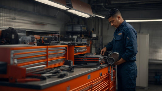 Service technician in blue uniform working at orange tool chest in a workshop