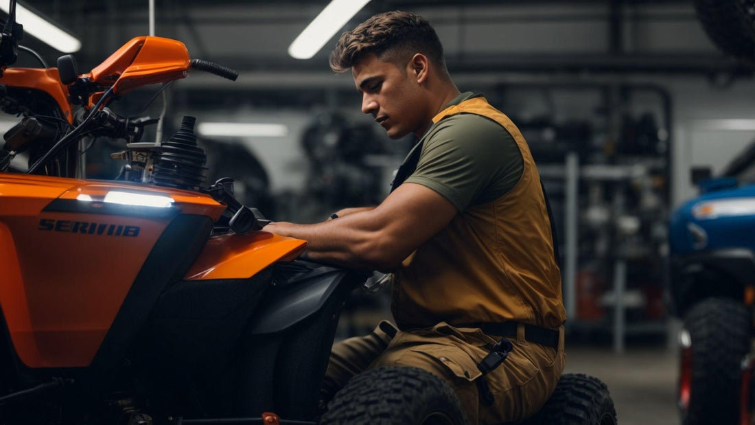 Service technician repairing orange ATV in a workshop setting