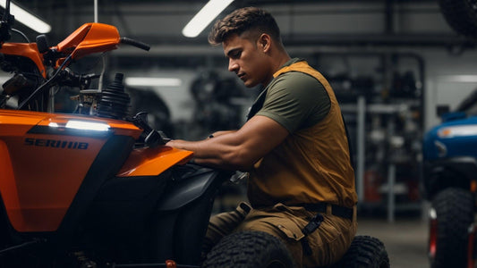 Service technician repairing orange ATV in a workshop setting