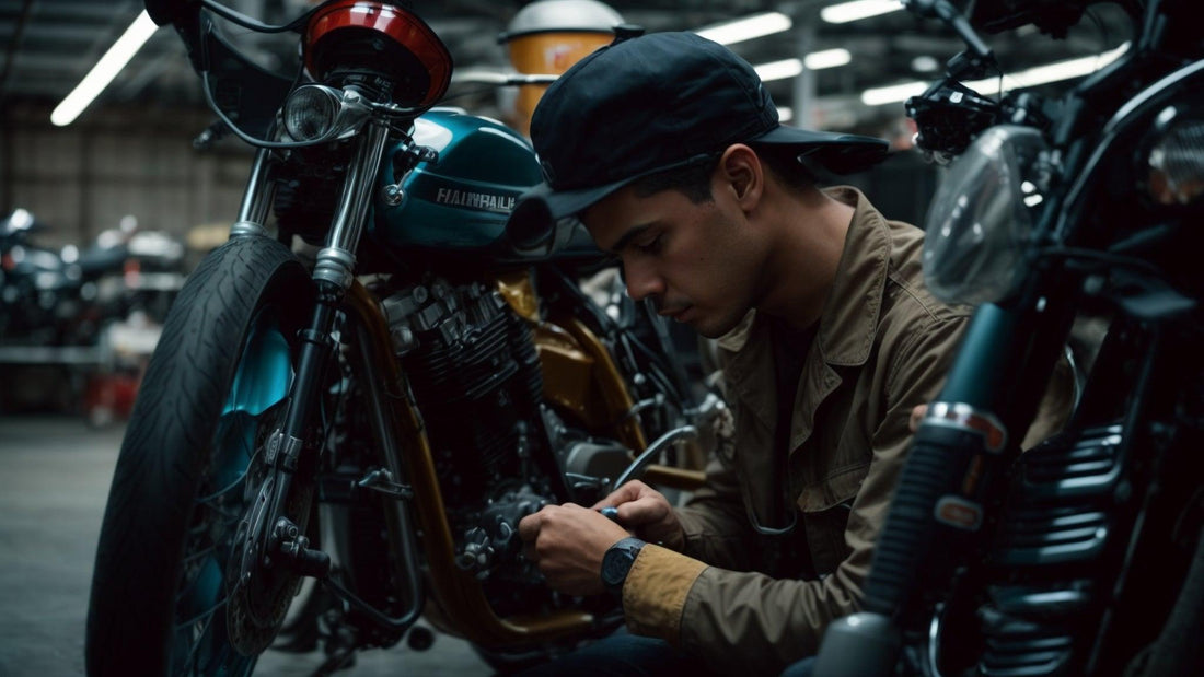 Service technician repairing a motorcycle in a workshop with tools and bike parts visible