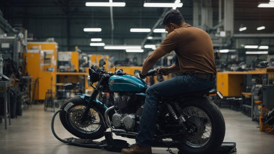 Technician repairing motorcycle in a spacious, modern workshop with tools and equipment