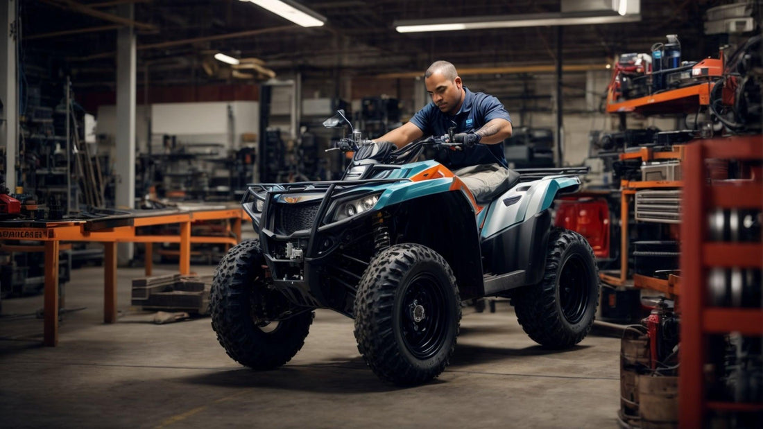 Technician servicing an ATV in a workshop, surrounded by tools and equipment.