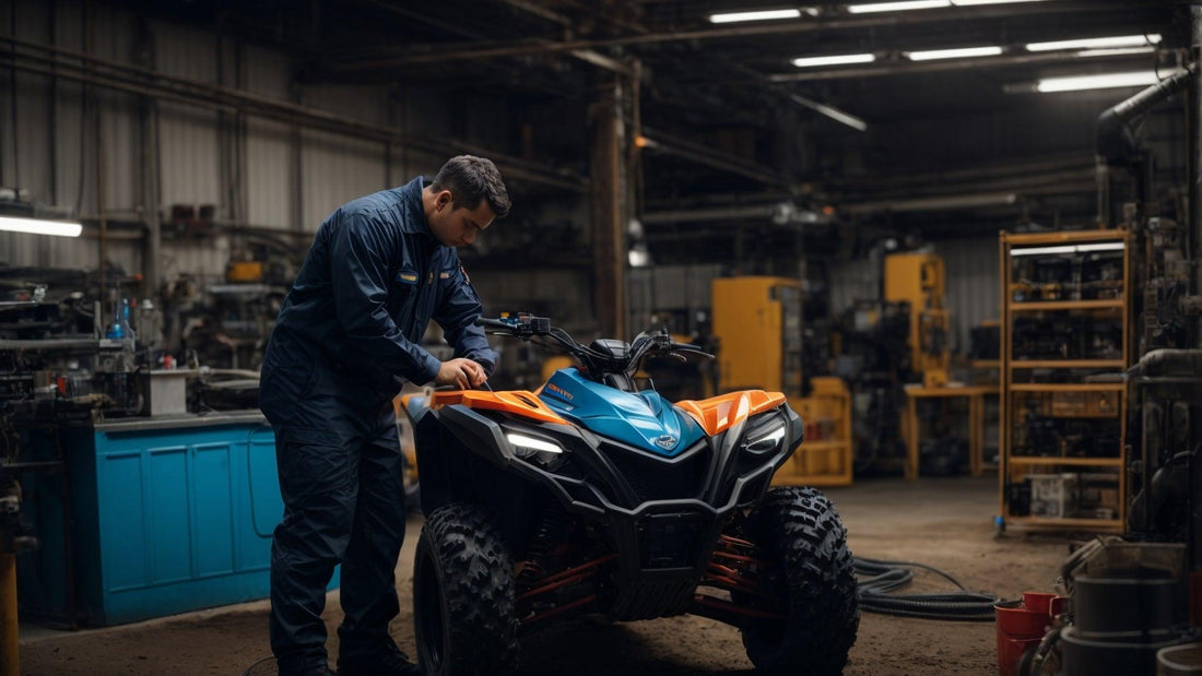 Technician servicing a colorful ATV in a garage with industrial equipment