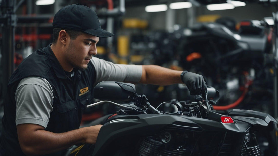 Technician in a workshop servicing a black ATV, focused on repair and maintenance