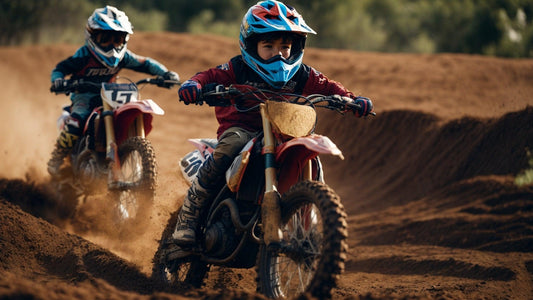Kids riding dirt bikes on a dirt track wearing protective helmets and gear