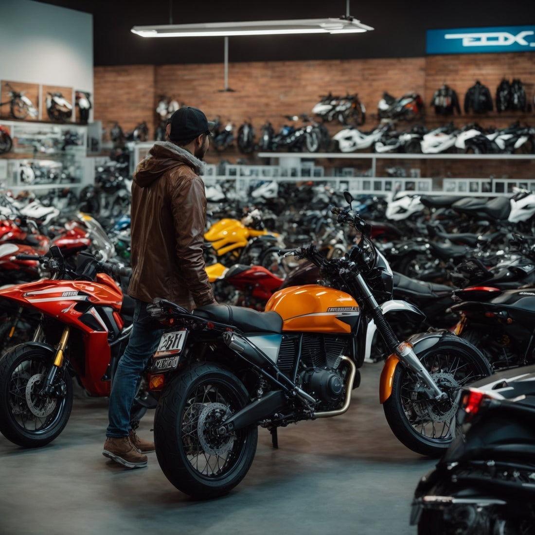 Person browsing motorcycles in a powersports dealership showroom