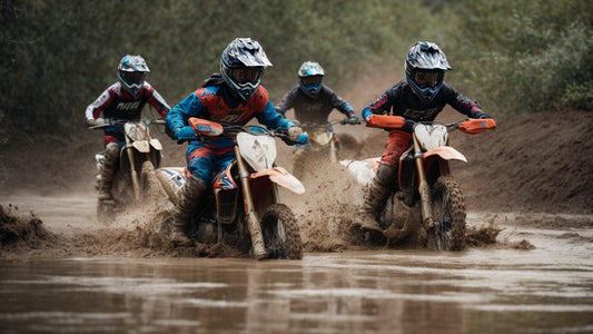 Teens riding dirt bikes through muddy terrain, wearing helmets and motocross gear