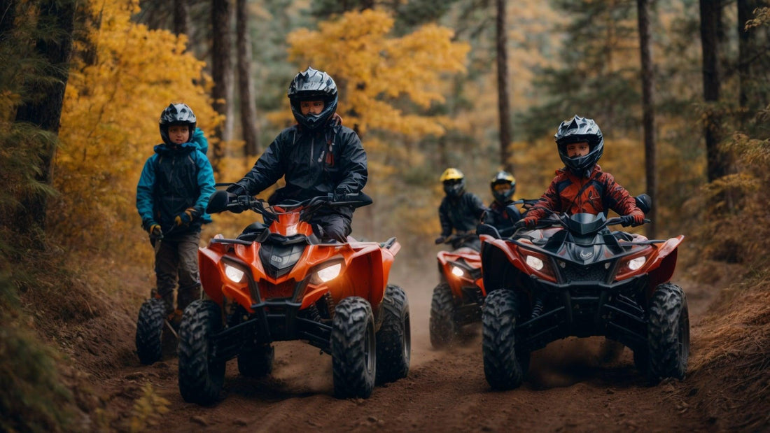 Kids and adults trail riding ATVs in a forest with autumn foliage
