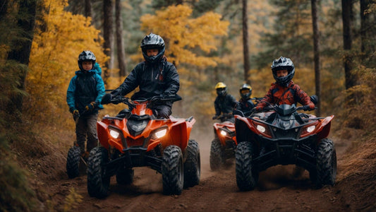 Kids and adults trail riding ATVs in a forest with autumn foliage