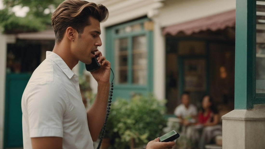 Young man in white shirt talking on a corded phone outdoors near a cafe with green windows