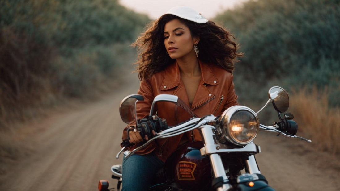 Woman in brown leather jacket riding a motorcycle on a dirt road outdoors