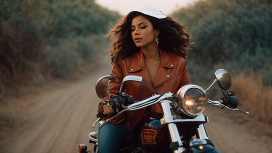 Woman in brown leather jacket riding a motorcycle on a dirt road outdoors