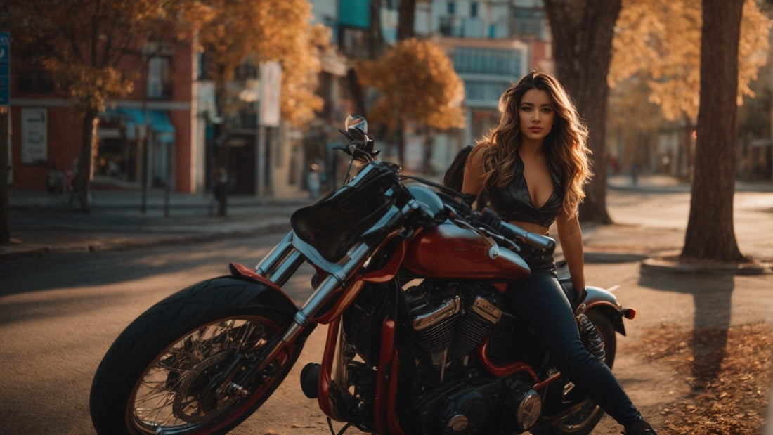 Woman sitting on a red motorcycle on a city street with autumn trees
