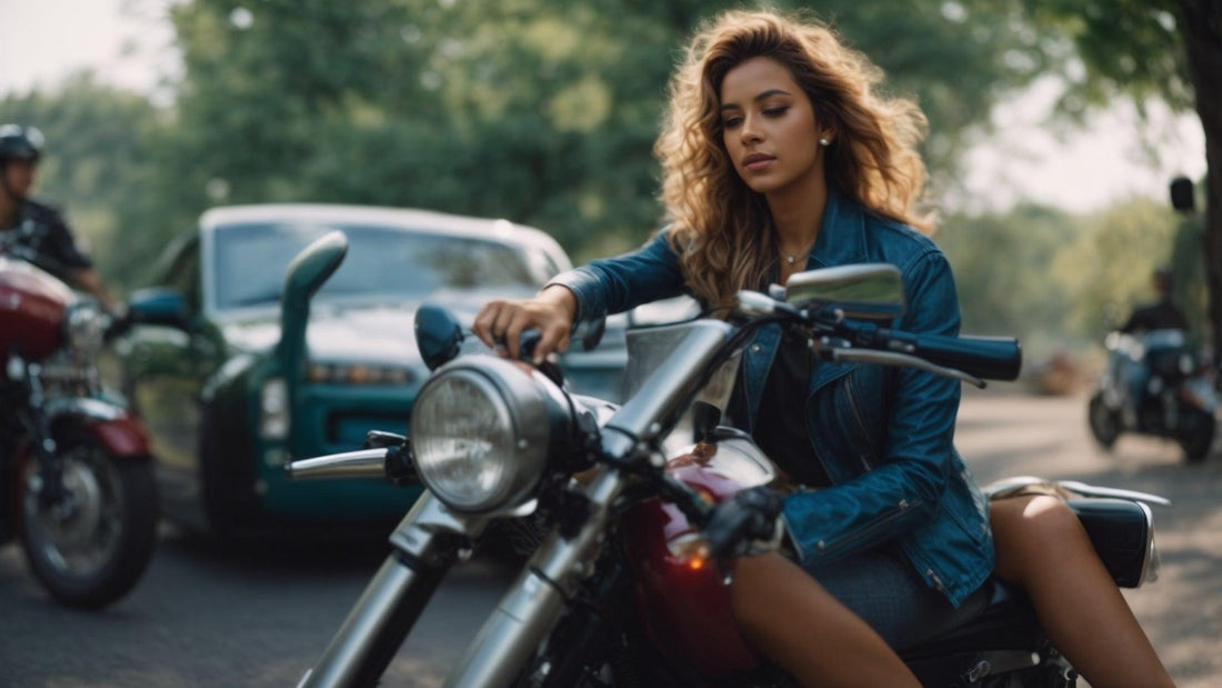 Woman riding a small motorcycle outdoors, wearing a blue jacket, with trees in background