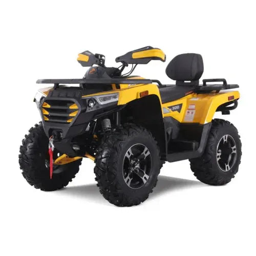 Yellow four-wheel ATV with off-road tires and rear passenger seat on white background