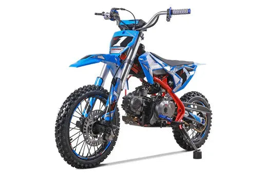 Blue dirt bike with knobby tires and sporty graphics, designed for off-road riding