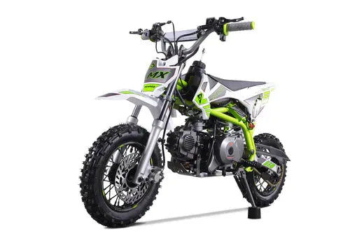 White and lime green dirt bike with off-road tires and sporty frame on white background