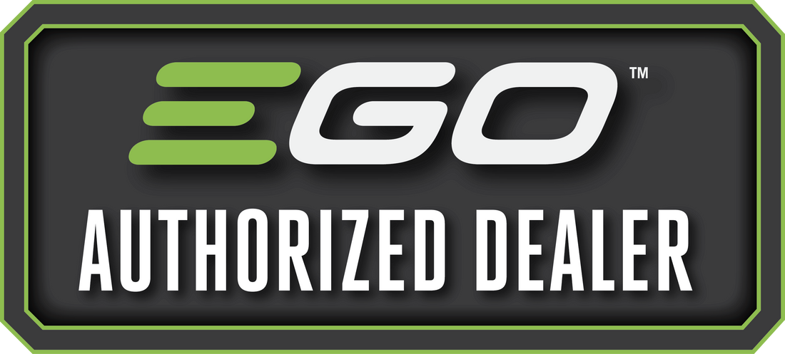 EGO Authorized Dealer sign with green and white logo on a black background