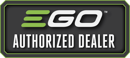 EGO Authorized Dealer sign with green and white logo on a black background