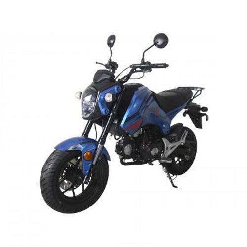 Blue street-legal mini motorcycle with black seat and sporty design, ideal for beginners.