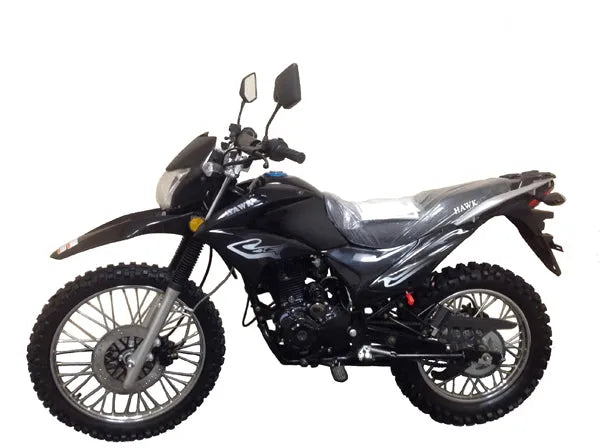 Black off-road dirt bike with knobby tires and dual rearview mirrors on white background